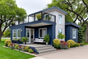 An outside image of a small blue home.